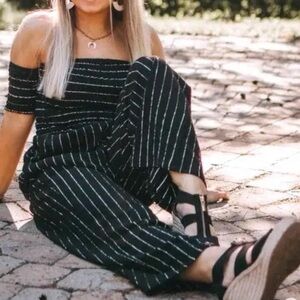 Altar'd State Black and White Striped Cropped Wide Leg Jumpsuit Medium